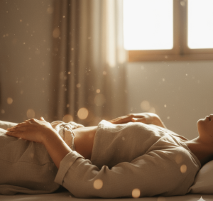 bodyscan: L'Attenzione e la Scansione Queste immagini sono più simboliche e rappresentano il movimento dell'attenzione. 2.1. Mani che toccano delicatamente una parte del corpo: Mani che toccano leggermente i polpacci, l'addome o le tempie di una persona sdraiata, ma con il fuoco visivo sfocato (a simboleggiare l'attenzione interiore). Significato: Guida l'attenzione verso le sensazioni interne.