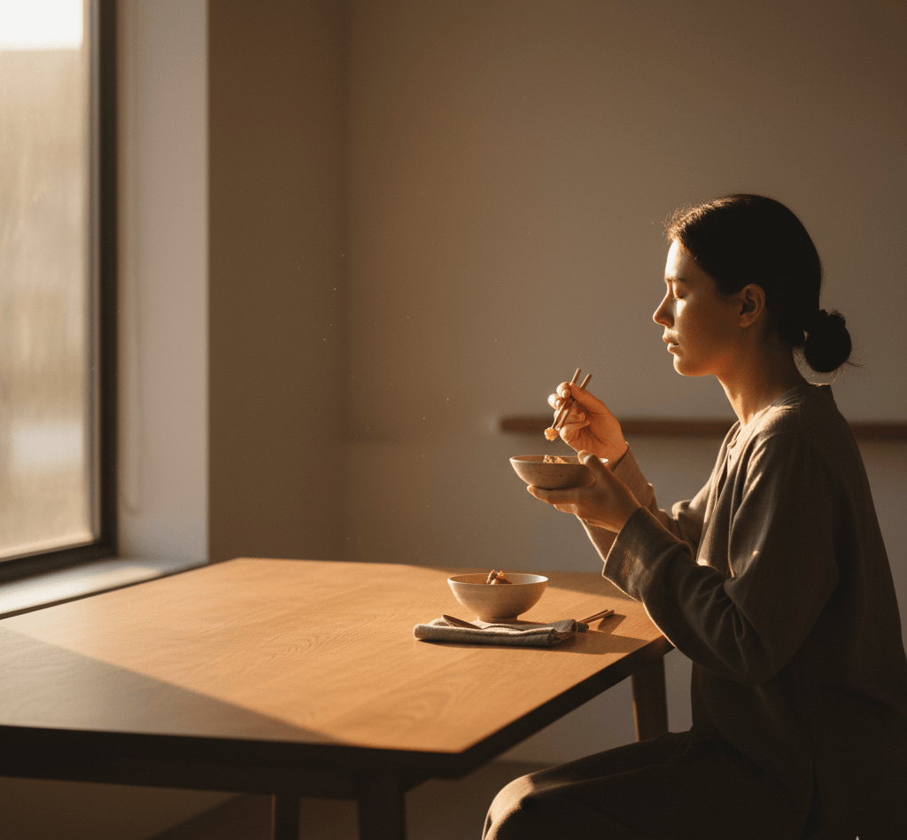 Una persona che mangia lentamente in silenzi, con elementi terra, legno e luce — simbolo di gratitudine.