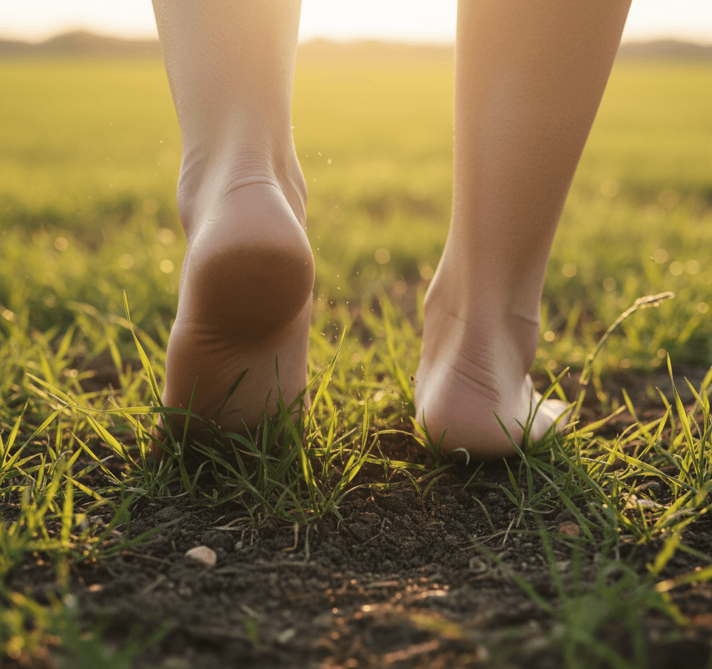 piedi che calpestano lentamente la terra, con l’erba o la sabbia che si muove, simbolo di radicamento.