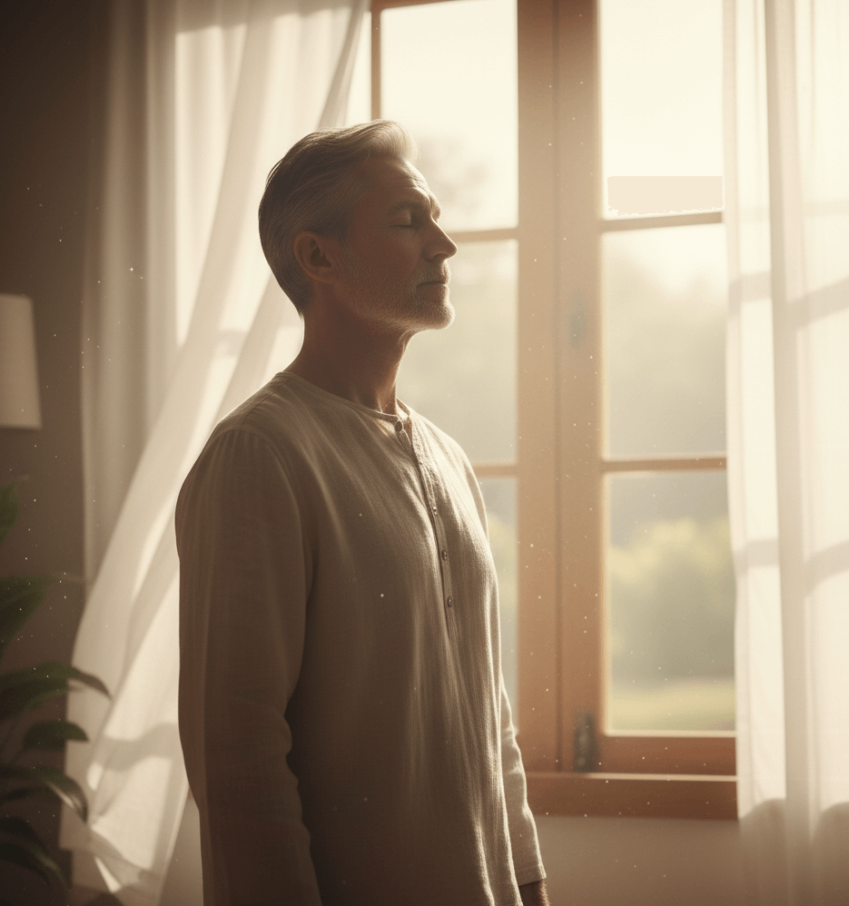 Una persona che respira davanti alla finestra la mattina prima di iniziare la giornata