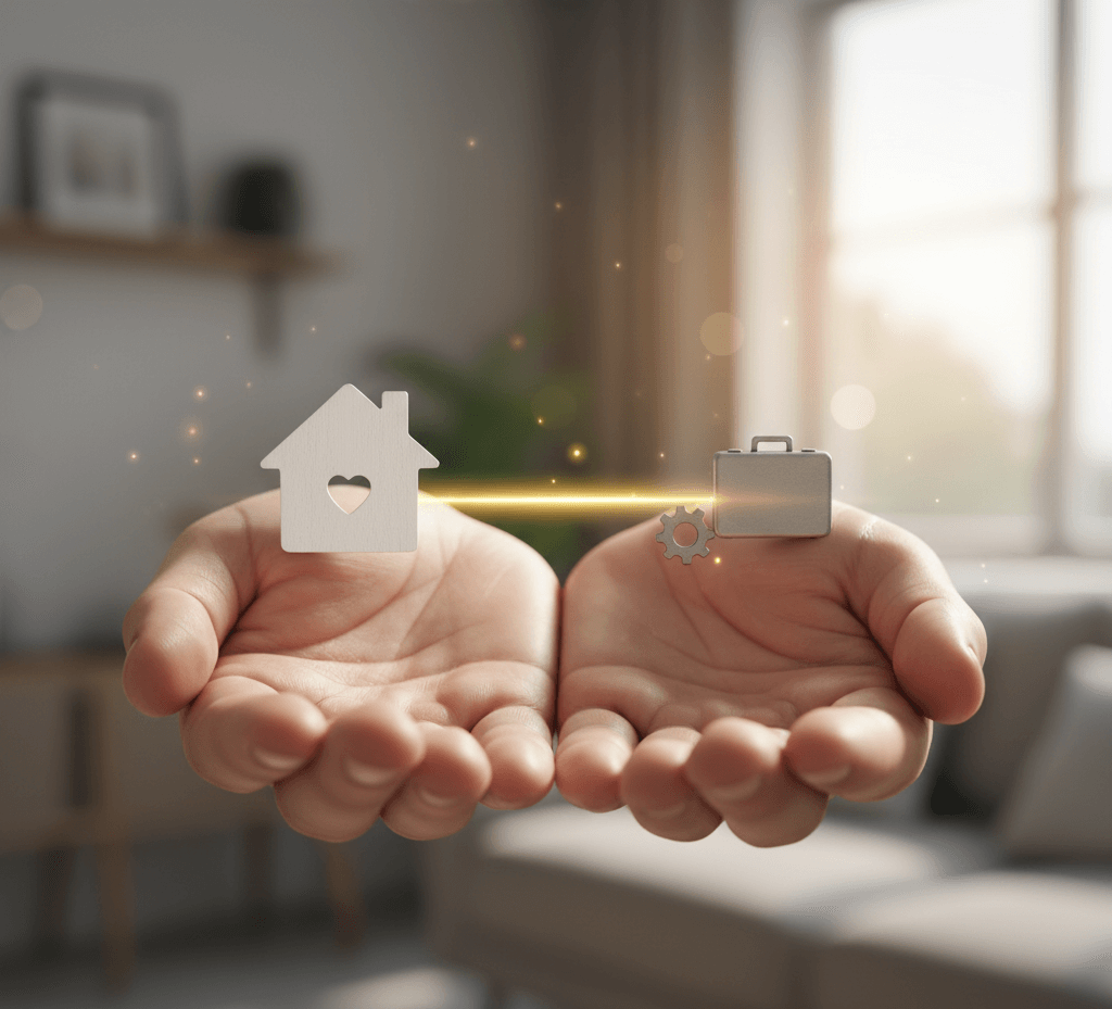 Mani che sorreggono oggetti simbolici: casa e lavoro, in equilibrio.