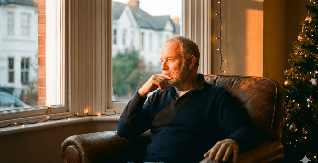 In questa foto, un uomo osserva pensieroso fuori dalla finestra mentre la luce calda del tramonto inonda la stanza. L'atmosfera è calma e raccolta, con l'albero di Natale che aggiunge un tocco di calore festivo sullo sfondo.