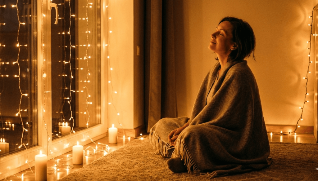 Quest'ultima immagine enfatizza l'atmosfera intima e silenziosa. Una donna è seduta per terra, avvolta in una coperta, con un'espressione di profonda pace interiore, illuminata esclusivamente dalle luci natalizie e dalle candele.