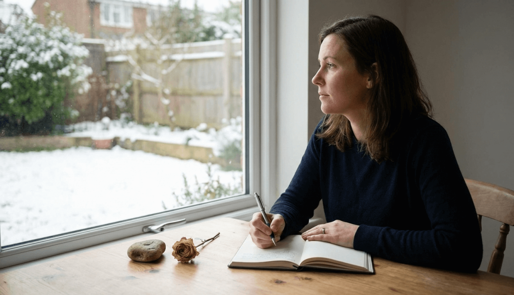 Questa immagine è ideale per l'apertura dell'articolo. Ritrae il momento della riflessione pacata, il "senza giudizio". La donna che scrive nel diario con oggetti simbolici (un sasso per la sfida, un fiore per il successo) incarna l'atto di onorare l'anno passato.