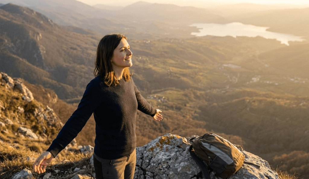 Per la sezione dedicata alle "sfide", questa immagine prosegue la storia visiva. La stessa persona sta ora affrontando un sentiero in salita. È una metafora visiva potente e non negativa dell'impegno e del percorso che le difficoltà rappresentano.
