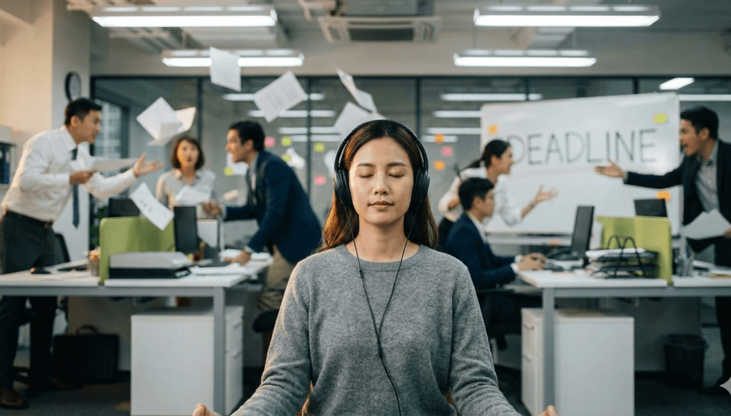 In questa prima immagine, l'ambiente di lavoro è chiaramente caotico e stressante, con colleghi che litigano e un senso di urgenza. La persona in primo piano, tuttavia, è un'oasi di calma, concentrata sul suo lavoro e protetta dalle sue cuffie e dal suo atteggiamento sereno.
