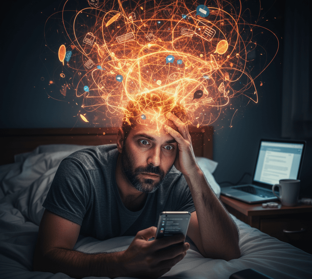 Persona sveglia nel letto di notte (insonnia e stress)